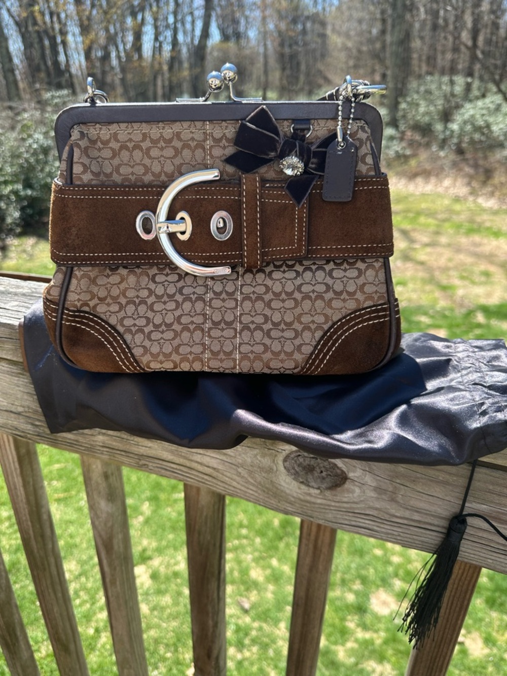 Coach Brown Signature Canvas and Suede Belt-Accent Frame Bag 3649 SoHo line